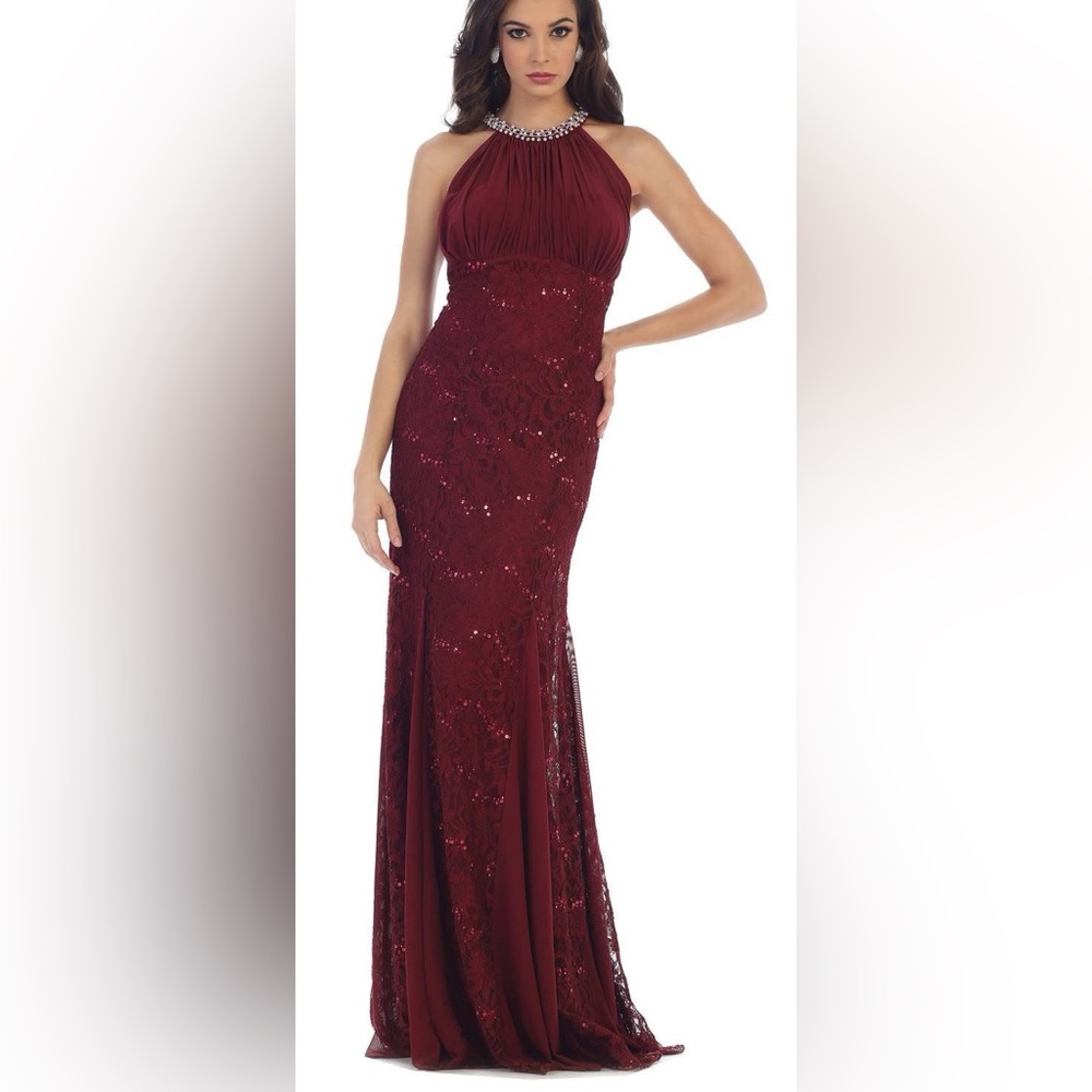 NWT Burgundy Beaded Halter Lace Gown